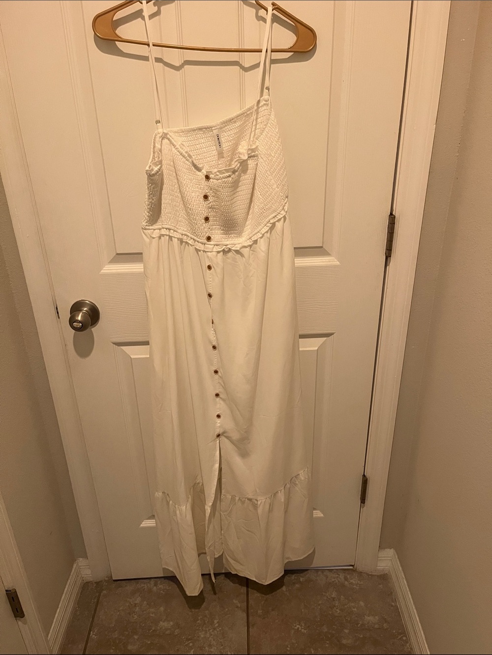 Smocked Bodice White Maxi Dress with Front Buttons